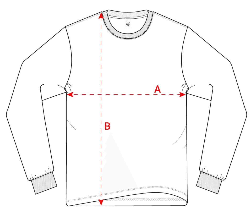 EP185L Earth Positive Premium Long Sleeve T-shirt measurement guide